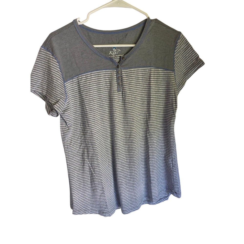 Kuhl Womens Grey Striped Organic Cotton Blend Henley Short Sleeve Shirt Large